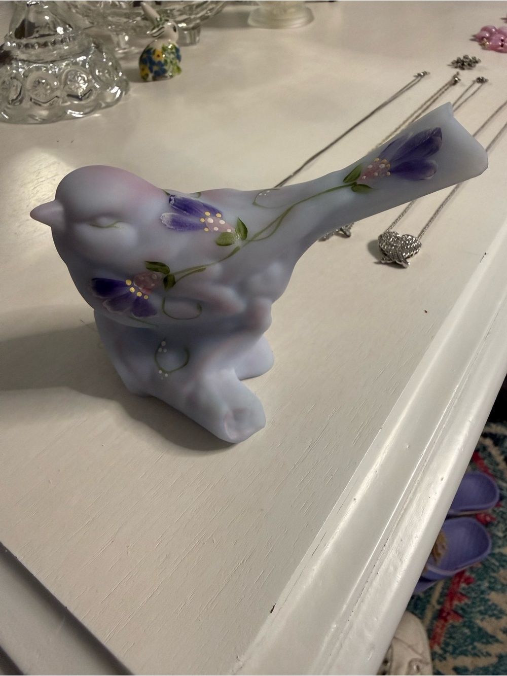 Fenton Blue Burmese Bird on Branch-painted by J. Cutshaw